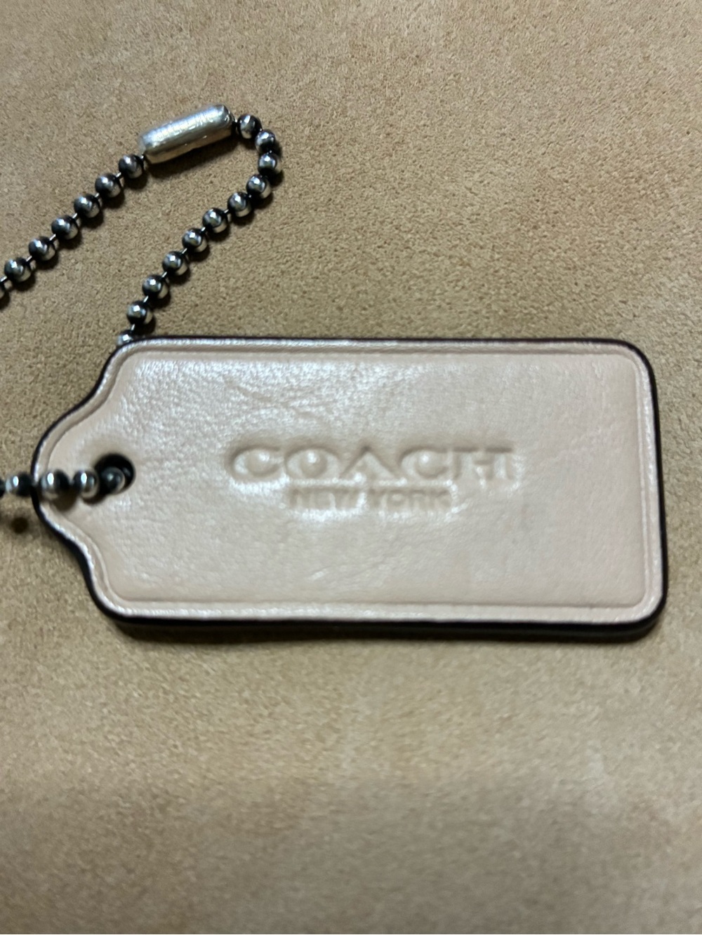 Coach Cream Color Beige 2” Leather Fob Hang tag Charm/silver Chain